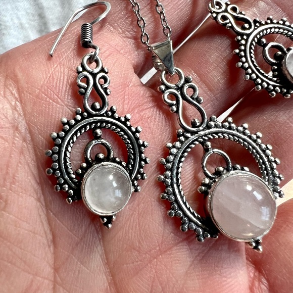 925 Ornamental Rose Quartz Earrings + Necklace SET - Picture 6 of 10
